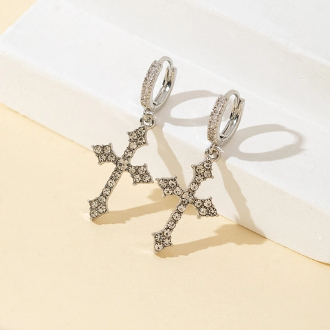 Hip Hop Silver Plated Alloy Cross Dangle Hoop Earrings With Micro Pave White Zirconia Punk Gothic Street Jewelry For Men Women
