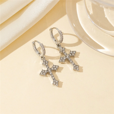Hip Hop Silver Plated Alloy Cross Dangle Hoop Earrings With Micro Pave White Zirconia Punk Gothic Street Jewelry For Men Women