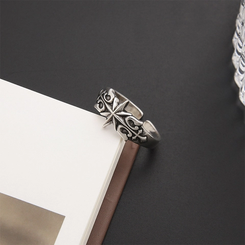 Vintage Gothic Alloy Cross Ring For Men Women Antique Silver Finish Hexagram Shield Star Punk Open Adjustable Ring Jewelry