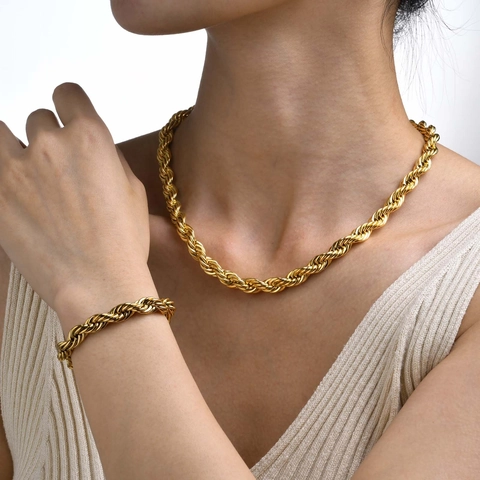 Durable Stainless Steel Rope Chain Necklace And Bracelet 18K Gold Plated Chunky Twist Chain For Women Men Fashion Jewelry Gift