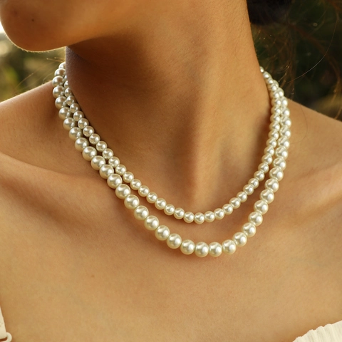 Elegant Simulated Artificial Pearl Necklace With Copper Gold Plated Metal Ball Pendant Layered Choker For Women Wedding Party Jewelry