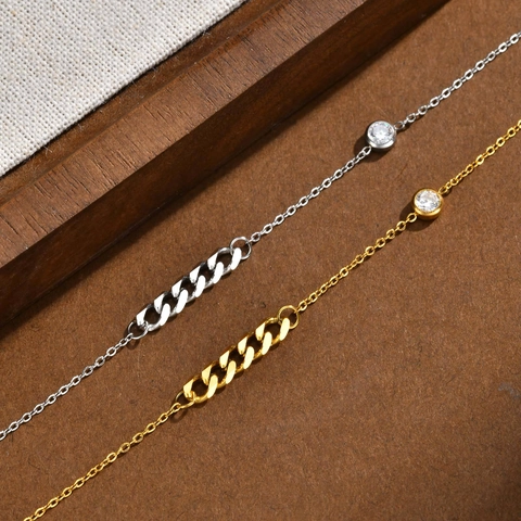 Minimalist Stainless Steel Patchwork Chain Necklace With Single Bezel Set Cubic Zirconia Elegant 18K Gold Plated Jewelry