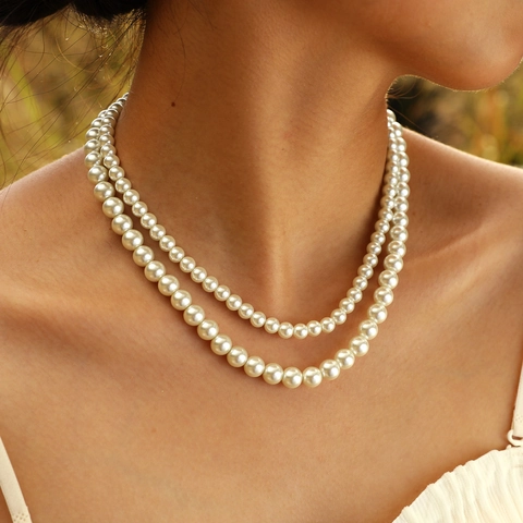 Elegant Simulated Artificial Pearl Necklace With Copper Gold Plated Metal Ball Pendant Layered Choker For Women Wedding Party Jewelry