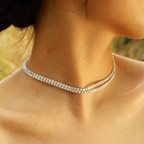 Fashion Copper Silver Plated Double Row 3mm AAA Zircon Tennis Necklace For Women Elegant Minimalist Jewelry Choker Gift