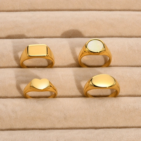 Minimalist Titanium Stainless Steel Gold Signet Ring For Women Vintage Heart Oval Geometric Artificial Pearl Shell Polished Jewelry