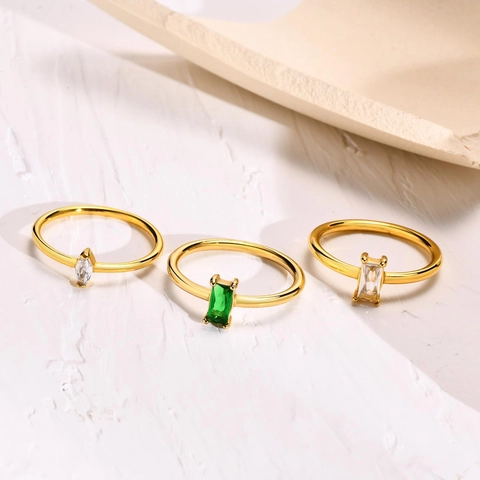 Minimalist Stainless Steel Zirconia Ring For Women Gold Plated Rectangle Marquise Emerald Green Stone Thin Band Jewelry