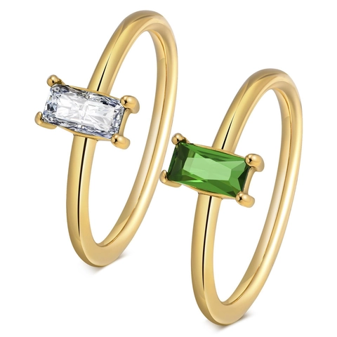 Minimalist Stainless Steel Zirconia Ring For Women Gold Plated Rectangle Marquise Emerald Green Stone Thin Band Jewelry