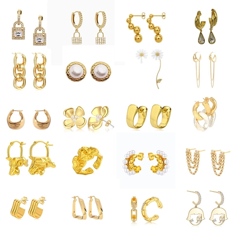 Vintage Geometric Copper Earrings Ring Collection Gold Silver Plated Zircon Artificial Pearl Minimalist Fashion Jewelry For Women