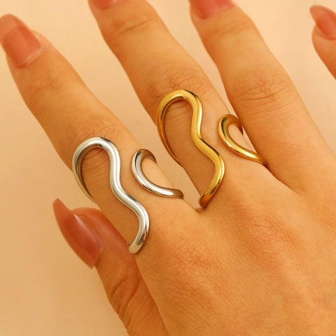 Minimalist Alloy Wave Line Open Ring For Women Geometric Irregular Design Gold Silver Plated Fashion Adjustable Finger Jewelry