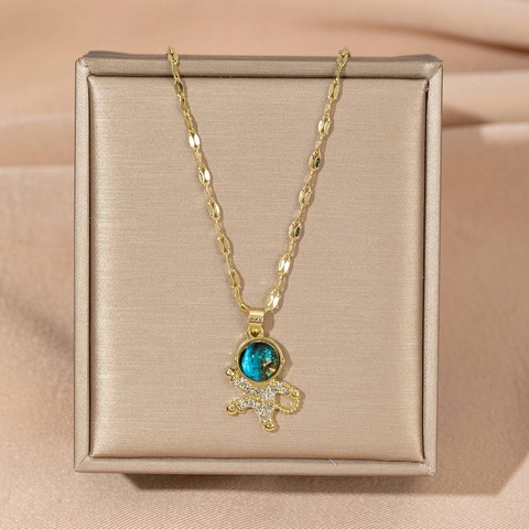 Light Luxury Zinc Alloy Astronaut Moon Planet Pendant Necklace With Blue Star Stone White Rhinestone For Women Jewelry