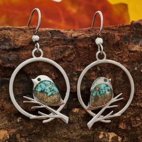 Alloy Silver Plated Bird On Branch Round Earrings Or Necklace With Synthetic Turquoise Stone Inlaid Nature Style Jewelry