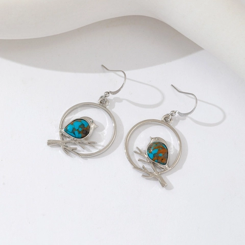 Alloy Silver Plated Bird On Branch Round Earrings Or Necklace With Synthetic Turquoise Stone Inlaid Nature Style Jewelry