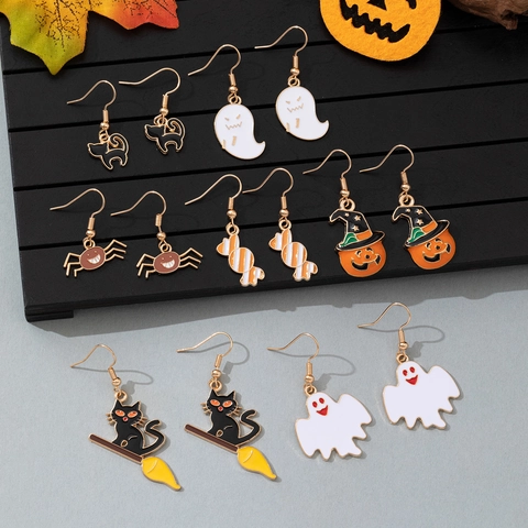 Halloween Enamel Drop Earrings For Women Pumpkin Ghost Cat Bat Spider Spooky Party Jewelry With Copper Earring Post