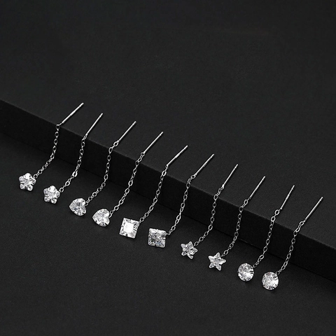 925 Sterling Silver Earring Post Zirconia Heart Star Square Round Ear Thread Long Tassel Drop Earrings For Women Jewelry Gift