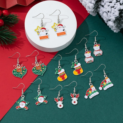 Alloy Enamel Christmas Earrings For Women Santa Claus Elk Snowman Christmas Tree Drop Hook Earrings Festive Jewelry Gift