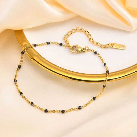 Tobillera Minimalista de Acero Inoxidable con Cuentas Negras para Mujer Chapada en Oro IP Ajustable Joyería de Pie de Playa