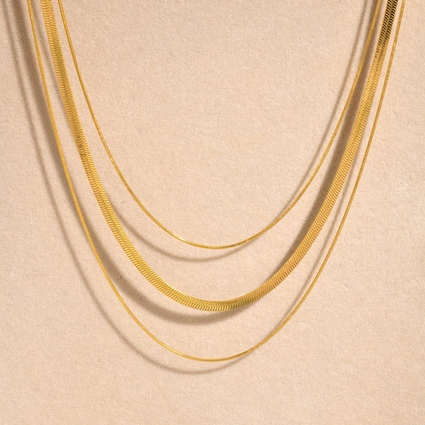 Minimalist Stainless Steel Layered Necklace Set For Women 18K Gold Plated Round And Flat Snake Chain Herringbone Necklace Fashion Jewelry