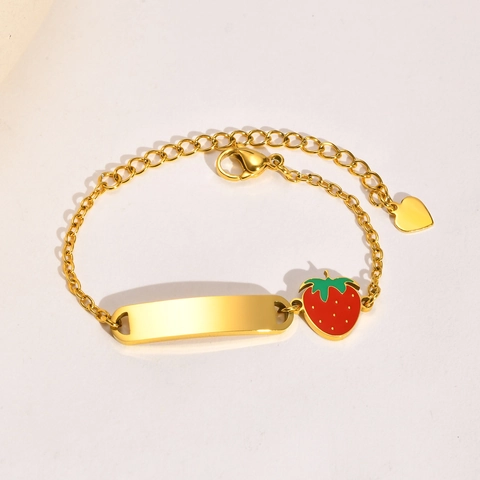 Bracelet Barre ID Personnalisable Acier Inoxydable Émail Fraise Pendentif Cœur Chaîne Réglable pour Enfants Femmes Bijoux