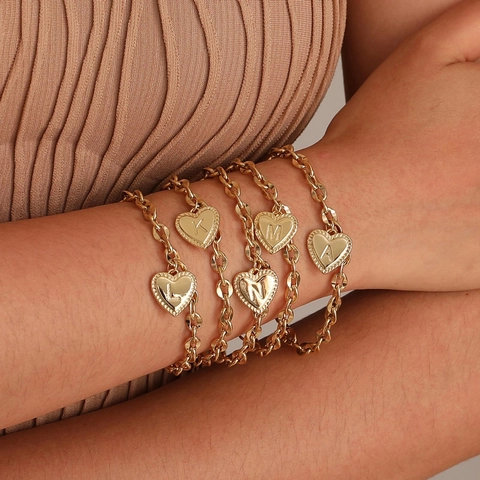 Stainless Steel Heart Initial Letter Pendant Bracelet For Women Gold Plated Toggle Clasp Cable Chain Elegant Fashion Jewelry Gift