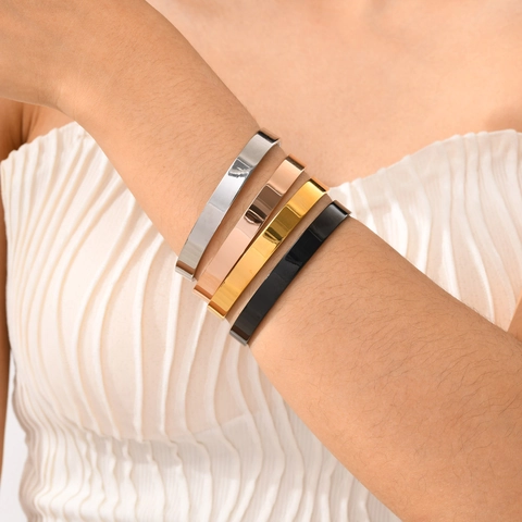 Minimalist Stainless Steel Open Cuff Bracelet For Women Polished Plain C-Shaped Adjustable Fashion Bangle Jewelry Gift