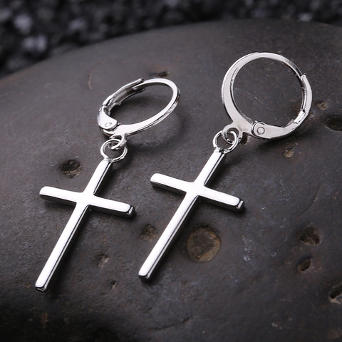 Minimalistische Punk Legierung Kreuz Anhänger Creolen Mit 925 Sterlingsilber Ohrstecker-Stift Poliert Schmuck Für Herren Damen