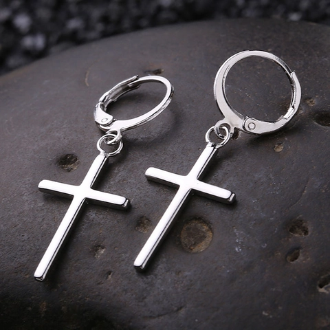 Boucles d'Oreilles Créoles Pendantes Croix en Alliage Punk Minimaliste Avec Tige en Argent Sterling 925 Bijoux Polis pour Homme Femme