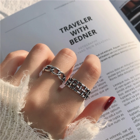Vintage Thai Silver Style Open Adjustable Ring For Women Retro Geometric Chain Weave Finger Ring Personality Jewelry Gift