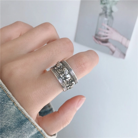 Thai Handmade Style Silver Plated Elephant Open Ring Vintage Wide Embossed Pattern Adjustable Band Jewelry For Women Men