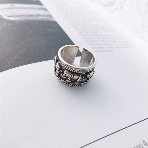 Thai Handmade Style Silver Plated Elephant Open Ring Vintage Wide Embossed Pattern Adjustable Band Jewelry For Women Men