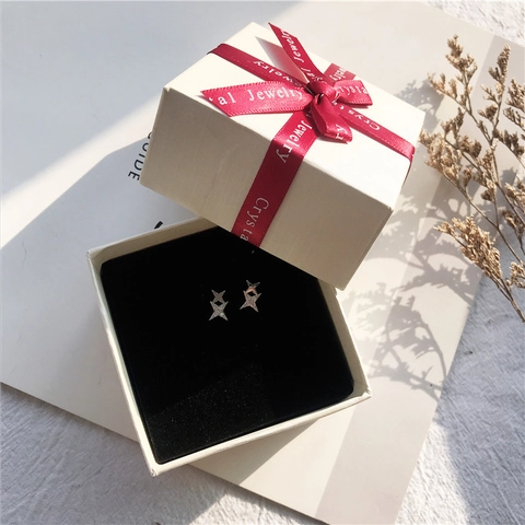 Mini Square Jewelry Box Cardboard Gift Packaging Box For Necklace Ring Earring With Red Ribbon Bowknot Black Velvet Interior