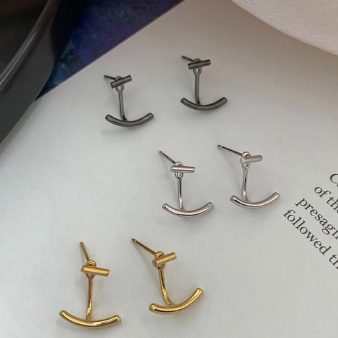Minimalist 925 Sterling Silver Post Geometric Stud Earrings For Women Alloy Two-Way Wear Arc Smile Line Ear Jacket Jewelry