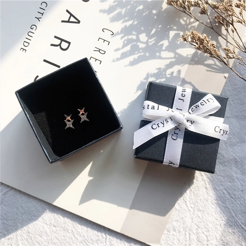 Square Jewelry Gift Box With Ribbon Bow For Earrings Ring Textured Jewelry Organizer Wedding Birthday Party Gift Box