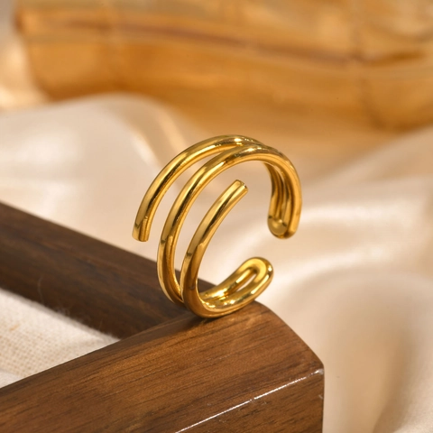 Minimalist Stainless Steel Triple Layer Spiral Open Ring For Women Fashion Gold Color Adjustable Geometric Layered Band Ring Jewelry
