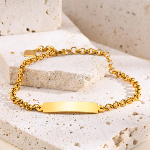 Roestvrij Staal Goud ID Armband Voor Dames Graveerbaar Blanco Rechthoekige Plaat Rolo Ketting Harthanger Minimalistische Sieraden