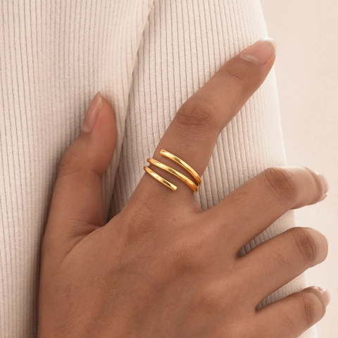 Minimalist Stainless Steel Triple Layer Spiral Open Ring For Women Fashion Gold Color Adjustable Geometric Layered Band Ring Jewelry