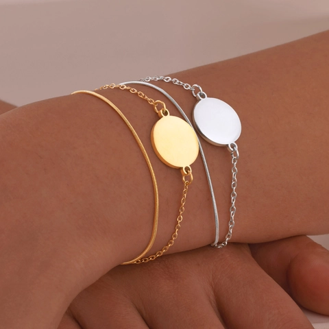Minimalistische Roestvrijstalen Dubbellaagse Armband Voor Dames Slangenketting Ronde Disc Hanger Graveerbaar Sieraden Cadeau