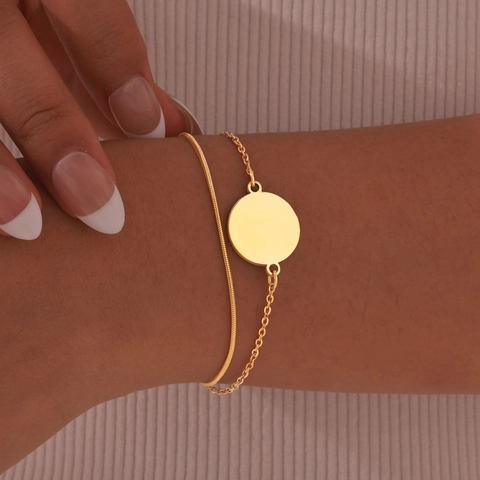 Minimalistische Roestvrijstalen Dubbellaagse Armband Voor Dames Slangenketting Ronde Disc Hanger Graveerbaar Sieraden Cadeau