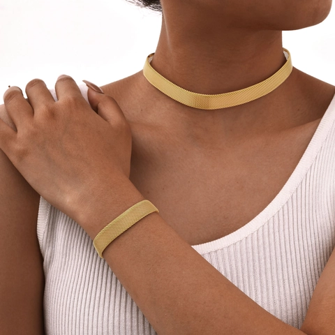 18 Karat Vergoldet Edelstahl Netz Uhrenarmband Halskette Armband Minimalistisch Metall Geflecht Choker Für Damen Schmuck
