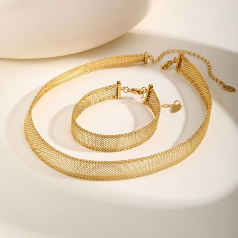 18 Karat Vergoldet Edelstahl Netz Uhrenarmband Halskette Armband Minimalistisch Metall Geflecht Choker Für Damen Schmuck