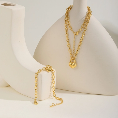 Collana e Bracciale con Pendente a Lucchetto a Cuore in Acciaio Inossidabile Oro Catena Grossa Gioielli alla Moda Minimalista