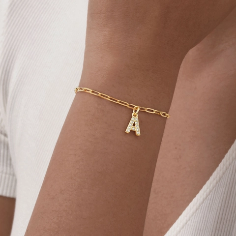 Verguld Roestvrij Staal Paperclip Ketting Armband Met Koper Zirkonia Letter Hanger Voor Vrouwen Sieraden