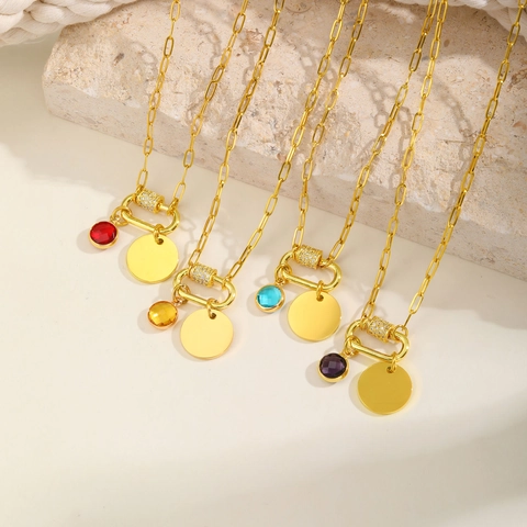 Stainless Steel Rhinestone Carabiner Clasp Paperclip Chain Necklace For Women Round Tag Pendant Jewelry Neck Accessory