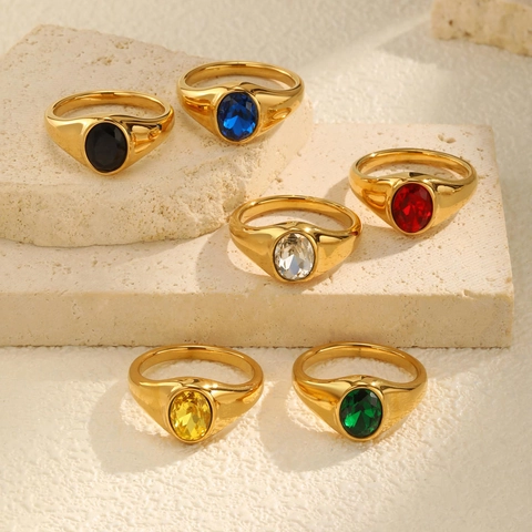 Stainless Steel 18K Gold Plated Oval Zirconia Ring Vintage Signet Rings For Women Minimalist Colorful Gemstone Finger Jewelry
