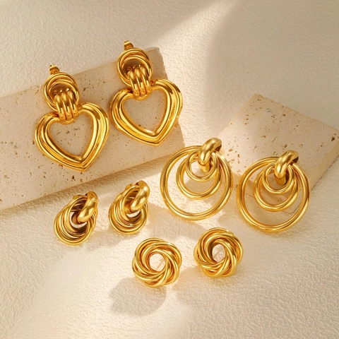 Vintage Gold Electroplated Iron Earrings For Women Geometric Hollow Heart Multi Layer Circle Twist Knot Stud Hoop Earrings
