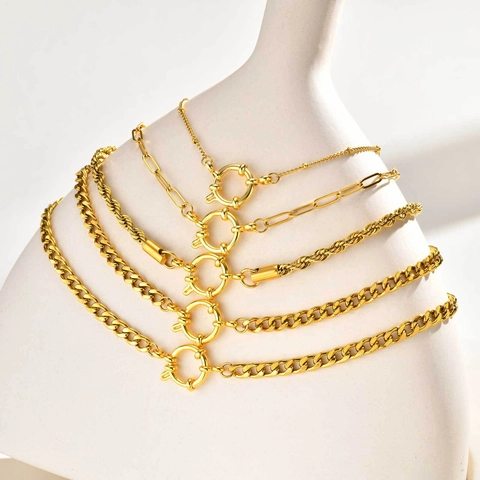 Edelstahl Goldene Halskette Für Damen Minimalistische Seil Curb Bead Kette Mit Rundem Sailor-Verschluss Mode Schmuck Geschenk