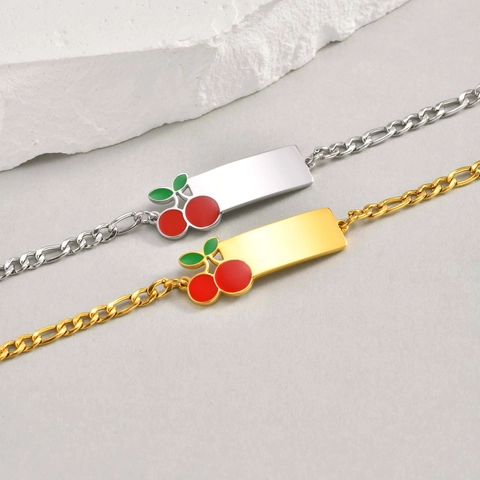 Stainless Steel Cherry ID Bar Bracelet For Women Kids Figaro Chain Engravable Blank Rectangular Plate Jewelry Gold Silver