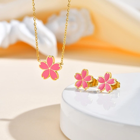 Parure de Bijoux Collier et Boucles d'Oreilles en Acier Inoxydable Fleur de Cerisier Émail Rose Doré Enfants Filles