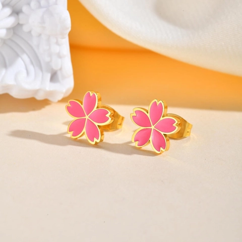 Parure de Bijoux Collier et Boucles d'Oreilles en Acier Inoxydable Fleur de Cerisier Émail Rose Doré Enfants Filles