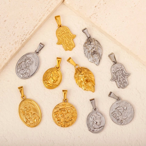 Hip Hop Stainless Steel Lion Head Hamsa Hand Greek Soldier Pendant For Necklace Vintage Religious Relief Charm Jewelry For Men Women