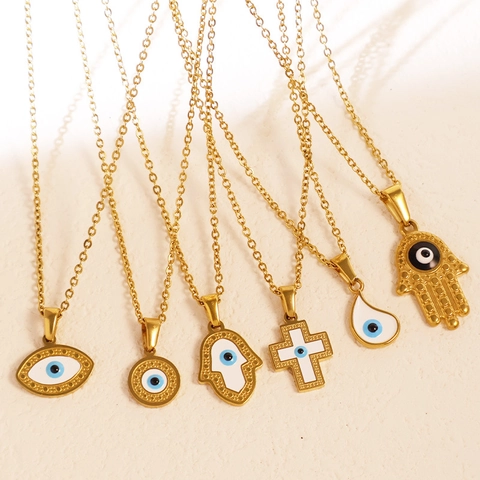 Collana con Pendente Malocchio Mano Di Fatima in Acciaio Inossidabile Placcato Oro Argento Smalto Etnico Bohemienne Donna